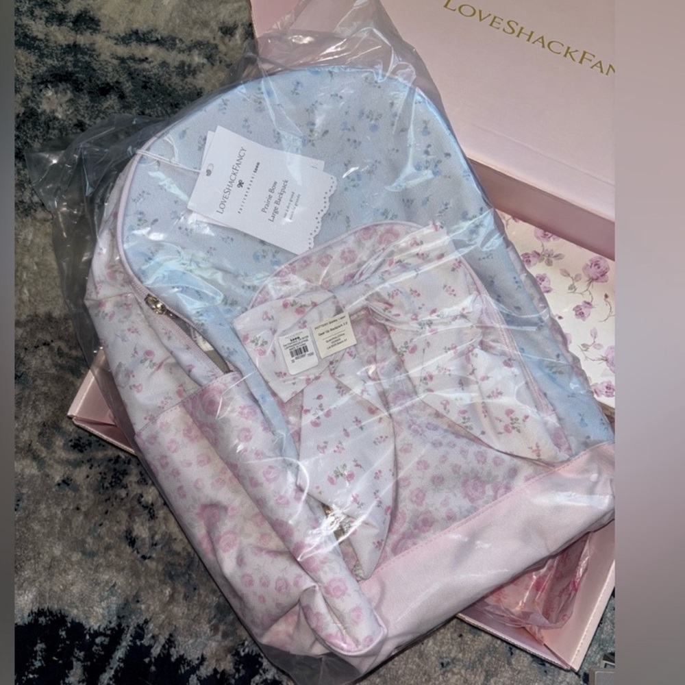 LoveShackFancy pb backpack beautiful pastel pink & blue with floral bow new